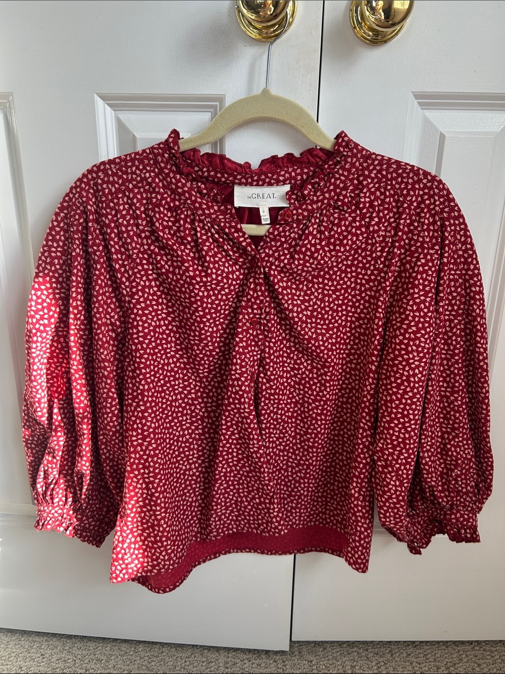 THE GREAT. Red Printed Puff-Sleeve Blouse
